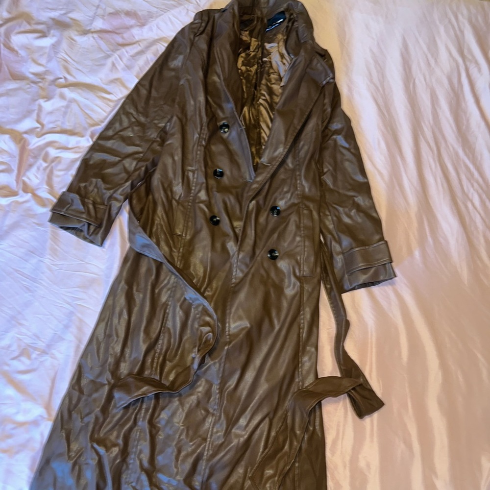 Long brown leather trench